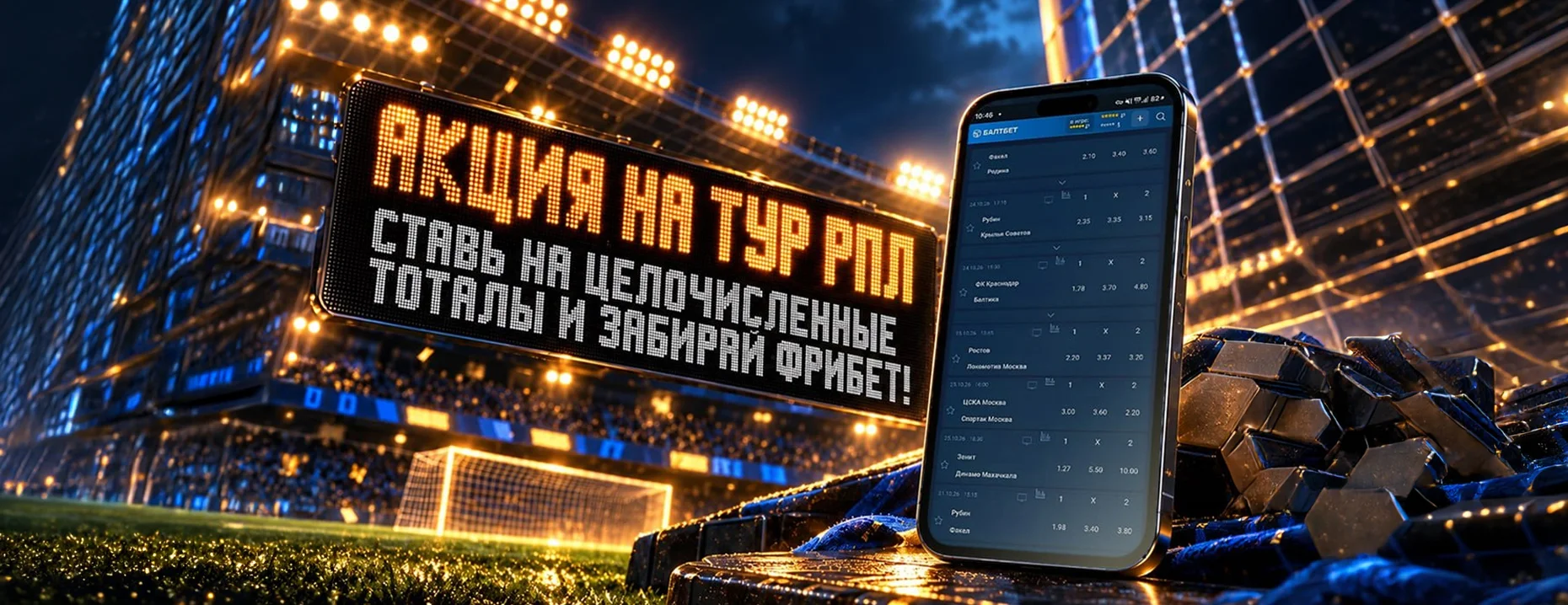 БК «Балтбет» дарит фрибет за 5 ставок на целочисленный тотал больше в матчах тура РПЛ